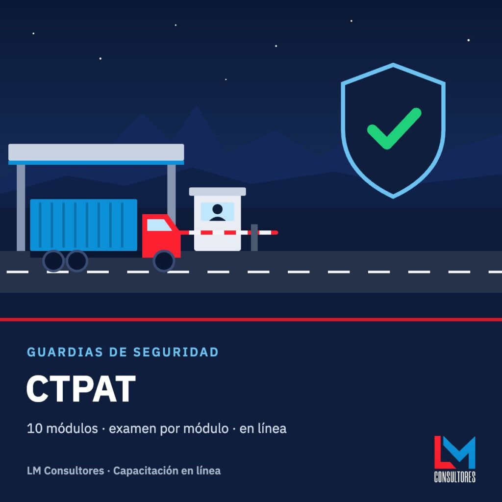Paquete Guardias de seguridad CTPAT: caseta de acceso con tractocamión y escudo de verificación