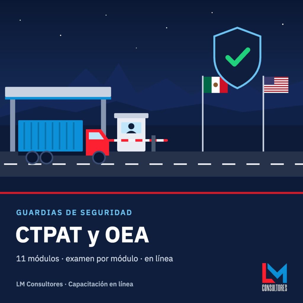 Paquete Guardias de seguridad CTPAT y OEA: caseta de acceso con banderas de México y Estados Unidos